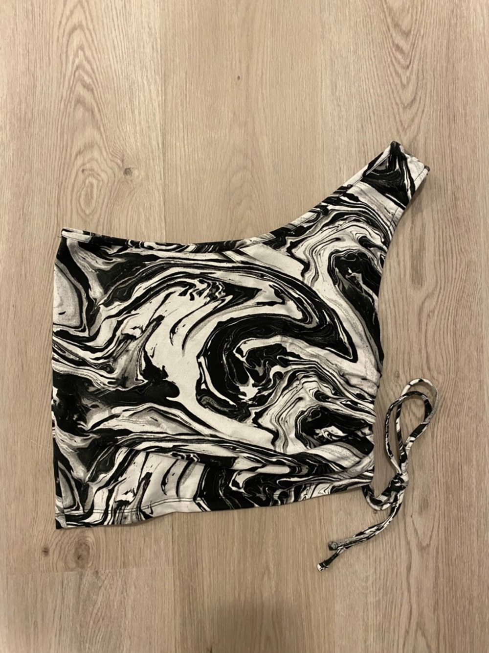 One-Shoulder Black & White Marble Crop Top